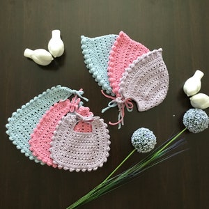 Crochet PATTERN Mia Baby Girl Bib & Bonnet Set Pattern N 480 is in three different size