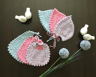 Crochet PATTERN Mia Baby Girl Bib & Bonnet Set Pattern N 480 is in three different size