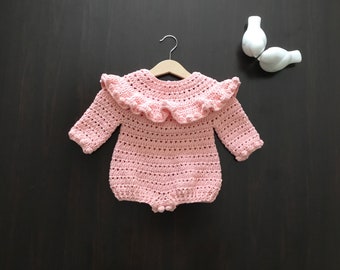PDF Crochet PATTERN Mia Baby Girl Long Sleeve Romper N 663 for four sizes 0-2 years