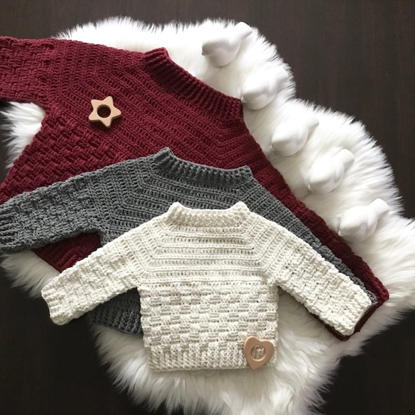 MOTIF harmonieux de pull natté pour garçons et fille au crochet N 638 taille bébé bambin enfants 6-12 mois 1-2 3-4 5-6 7-8 9-10 11-12 ans