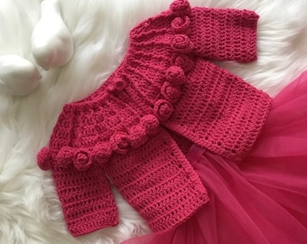 PDF Crochet PATTERN Roses Cardigan No 445 for five sizes 0-4 years