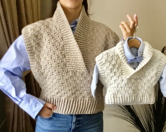 PDF Häkelanleitung Harmony Korbgeflecht Jungen Mädchen Schalkragen Weste N 634 Größe Baby bis Erwachsene 6X Einfach Moderner Pullover