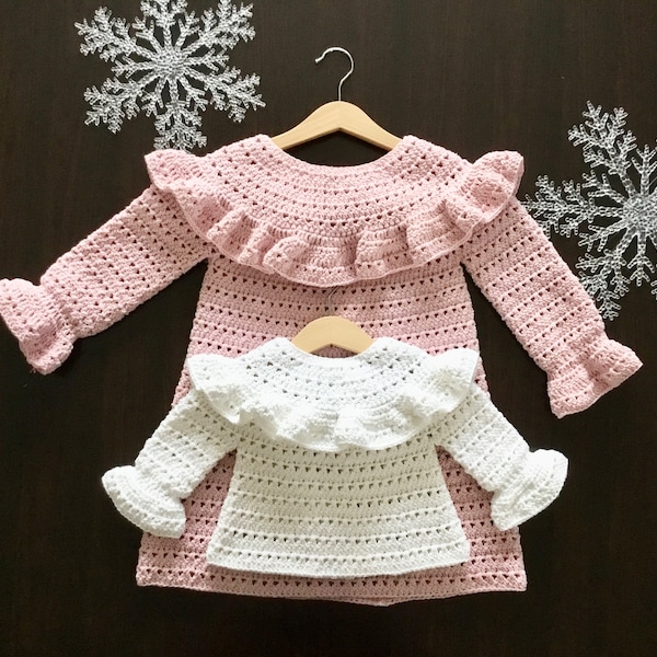 Crochet PATTERN Mia Baby Girl Robe à manches longues Pattern N 472 Taille 0-3 mois 3-6 mois 6-12 mois 1-2 ans 3-4 ans 5-6 ans