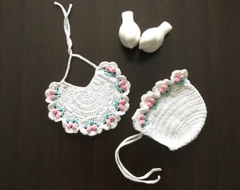 Crochet PATTERN Sakura Bib & Bonnet Set Pattern N 606 Bib size in Baby Toddler Bonnet size in 0-6 months 6-12 months 1-2 years