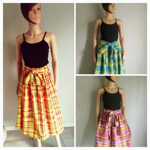 Maxi or short madras skirt, madras length options, various colors, pleated at the waistband