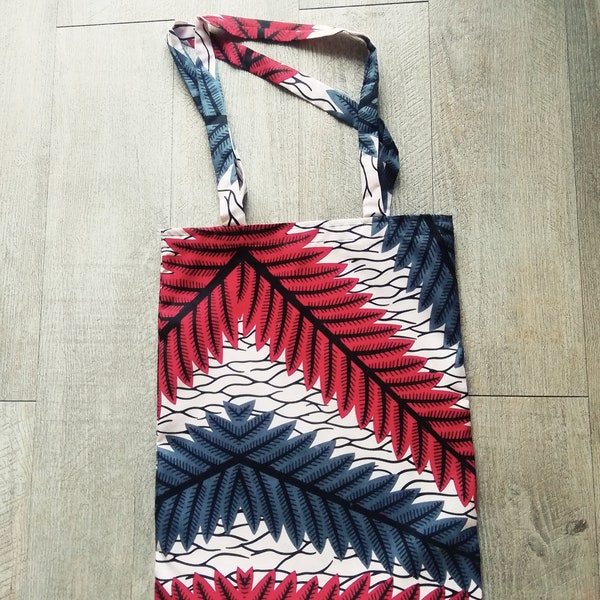 Tote bag cabas en Print wax feuillage rouge et gris