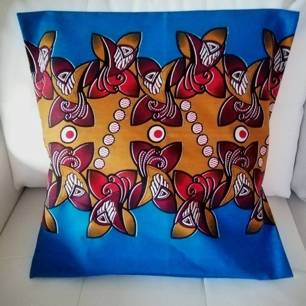 Housse print WAX  coussin de 40 ou 50 cm de côté turquoise foncé camel bordeaux....