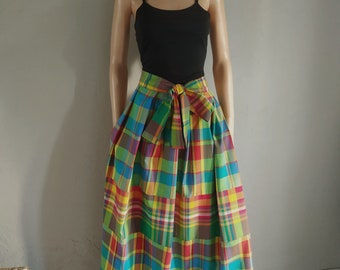 Maxi skirt pleated at the belt in mixed madras with or without pocket