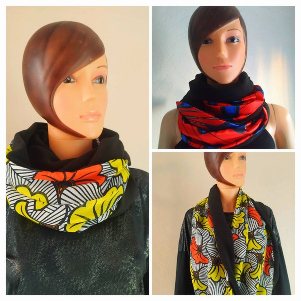 Foulard snood circulaire bimatière polaire et voile wax fleurs de mariage ou satin feu d'artifice plumes de paon