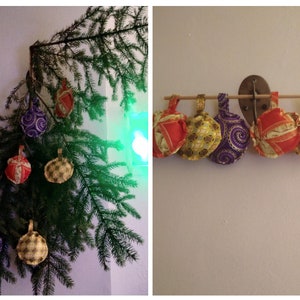 Peut inclure: Une collection d'ornements en tissu faits à la main en violet, jaune et rouge avec un motif paisley. Les ornements sont suspendus à une branche et à un mur.