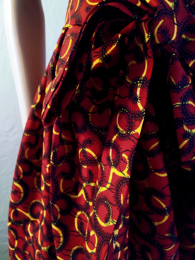 Short or Maxi skirt in WAX cotton pleated at the belt with dominant red centipede chenille officer print image 4