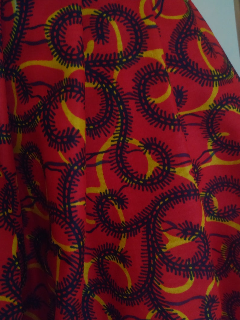 Short or Maxi skirt in WAX cotton pleated at the belt with dominant red centipede chenille officer print image 3