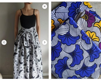 Pleated skirt with long or short belt length options in polyester wax print wedding flowers