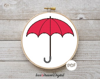 Red Umbrella Cross Stitch Pattern, Instant Download Minimalist Design, Counted Cross Stitch, Printable Modern Pattern, Εmbroidery (N9)