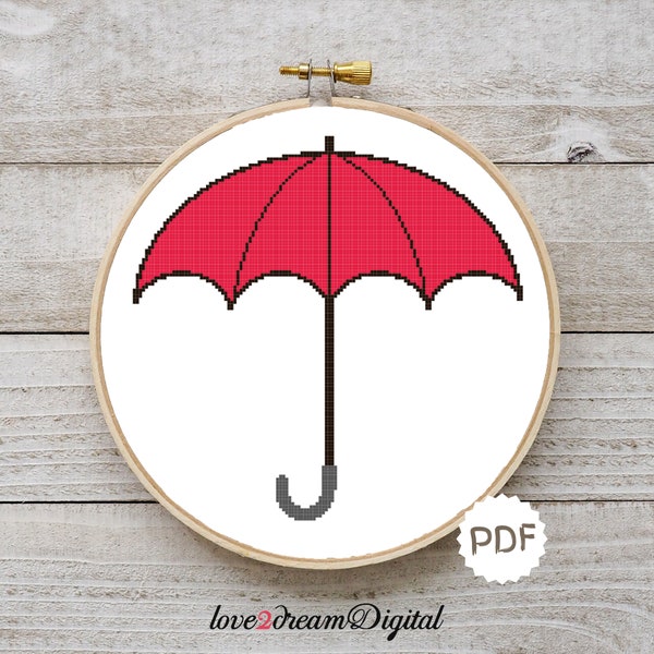 Red Umbrella Cross Stitch Pattern, Instant Download Minimalist Design, Counted Cross Stitch, Printable Modern Pattern, Εmbroidery (N9)