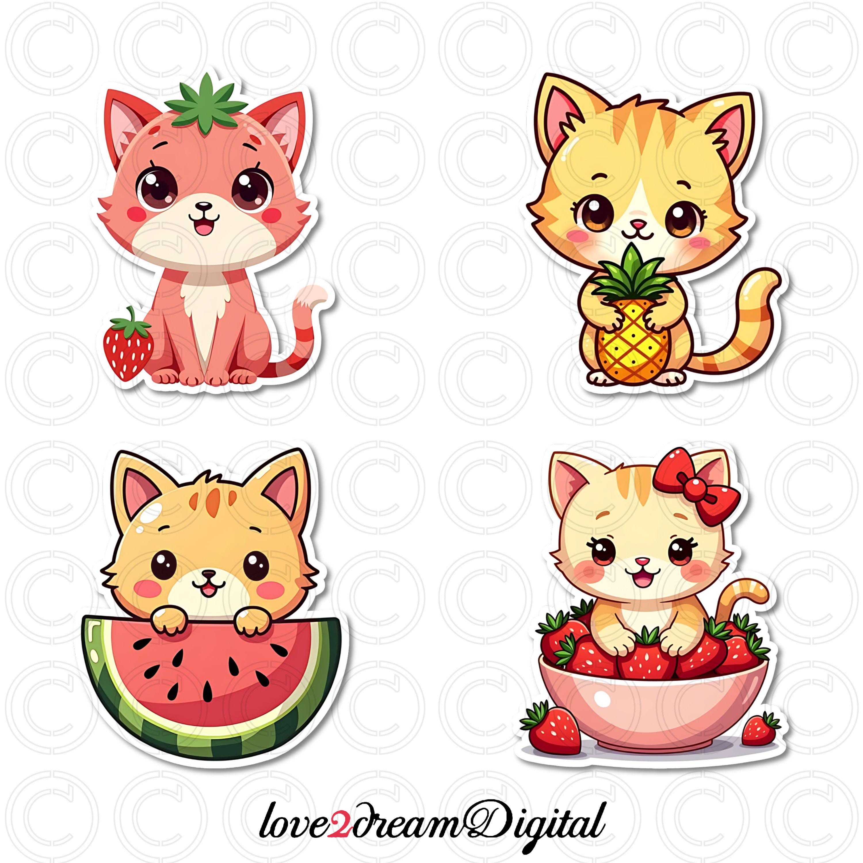 Kawaii Fruit Cat Stickers - Digital Stickers Goodnotes Aesthetic - Cute ...