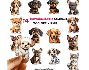 Kawaii Puppy Stickers - 14 Dog Breed PNGs (Digital Download) S4