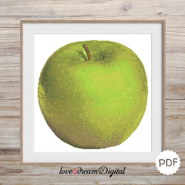 Green Apple Cross Stitch Pattern, Instant Download PDF, Counted Cross Stitch Pattern, Printable Cross Stitch Apple, Εmbroidery (N17)