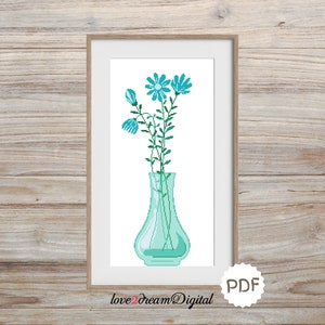 Blue Daisies in Vase Cross Stitch Pattern, Blue Wildflowers, Flowers in Vase, Instant Download, Digital Cross Stitch Chart, Embroidery,(N55)