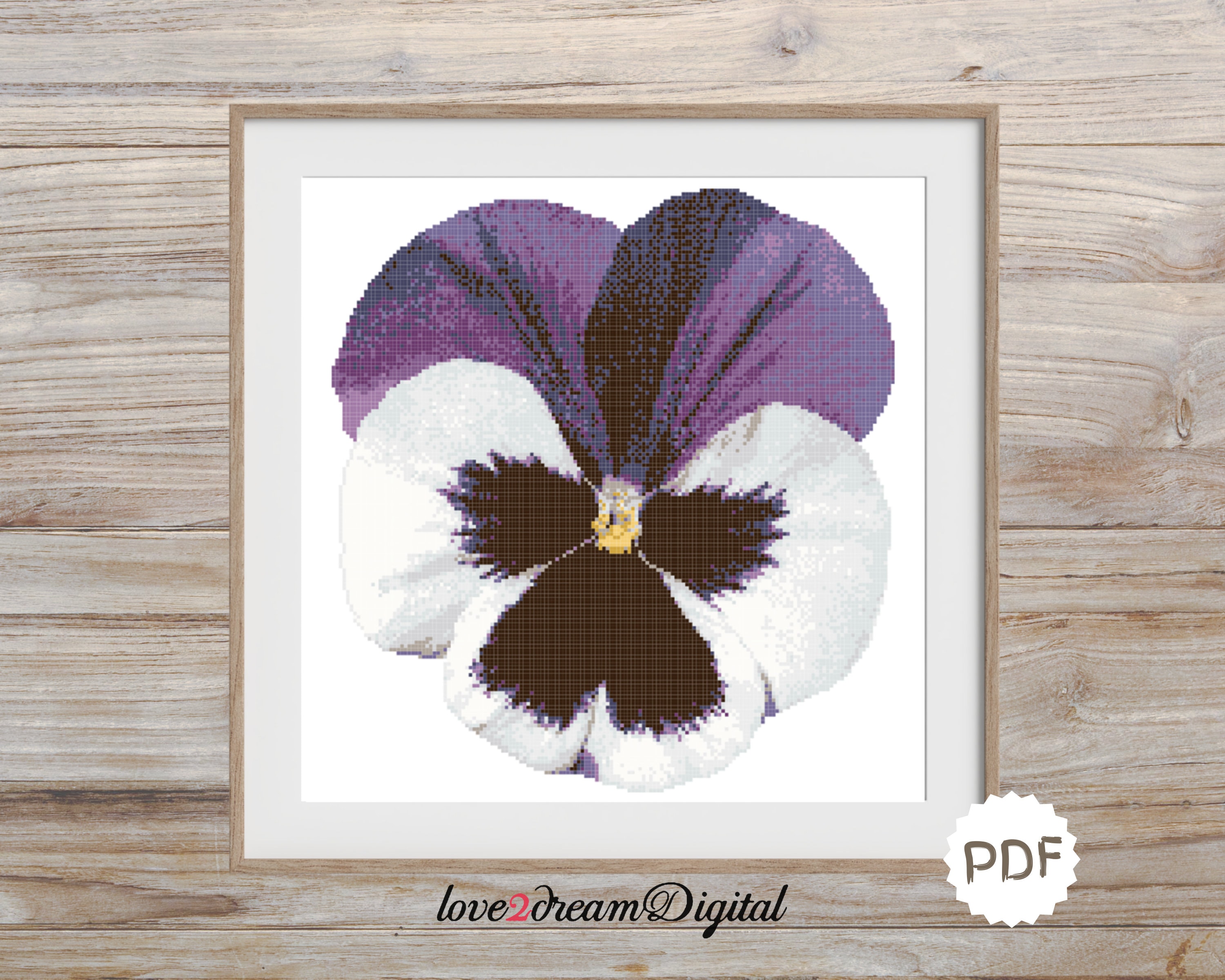Motif de point de croix fleur de pensée, fleurs violettes et