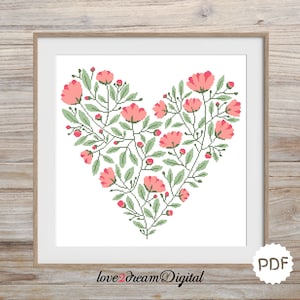 Floral Heart Cross Stitch Pattern, Counted Cross Stitch Chart, Flower Heart Embroidery, Love Chart Needlepoint, Instant Download PDF, (N51)