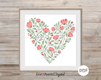 Floral Heart Cross Stitch Pattern, Counted Cross Stitch Chart, Flower Heart Embroidery, Love Chart Needlepoint, Instant Download PDF, (N51)