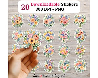 Adesivos de Buquê Floral, Desenhos em Aquarela PNG (Download Digital)