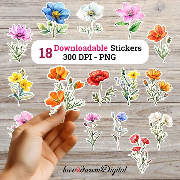 Wildflower Stickers, Planner Stickers, 300 DPI-PNG Digital Stickers, Meadow Flower Print and Cut, Cricut Flower Sticker Instant Download #S5