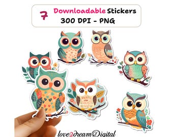 Stickers hibou mignon - Ensemble PNG d'oiseaux forestiers bohèmes (téléchargement numérique) S50