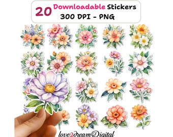 Adesivos florais em PNG, conjunto de flores em aquarela (download digital)