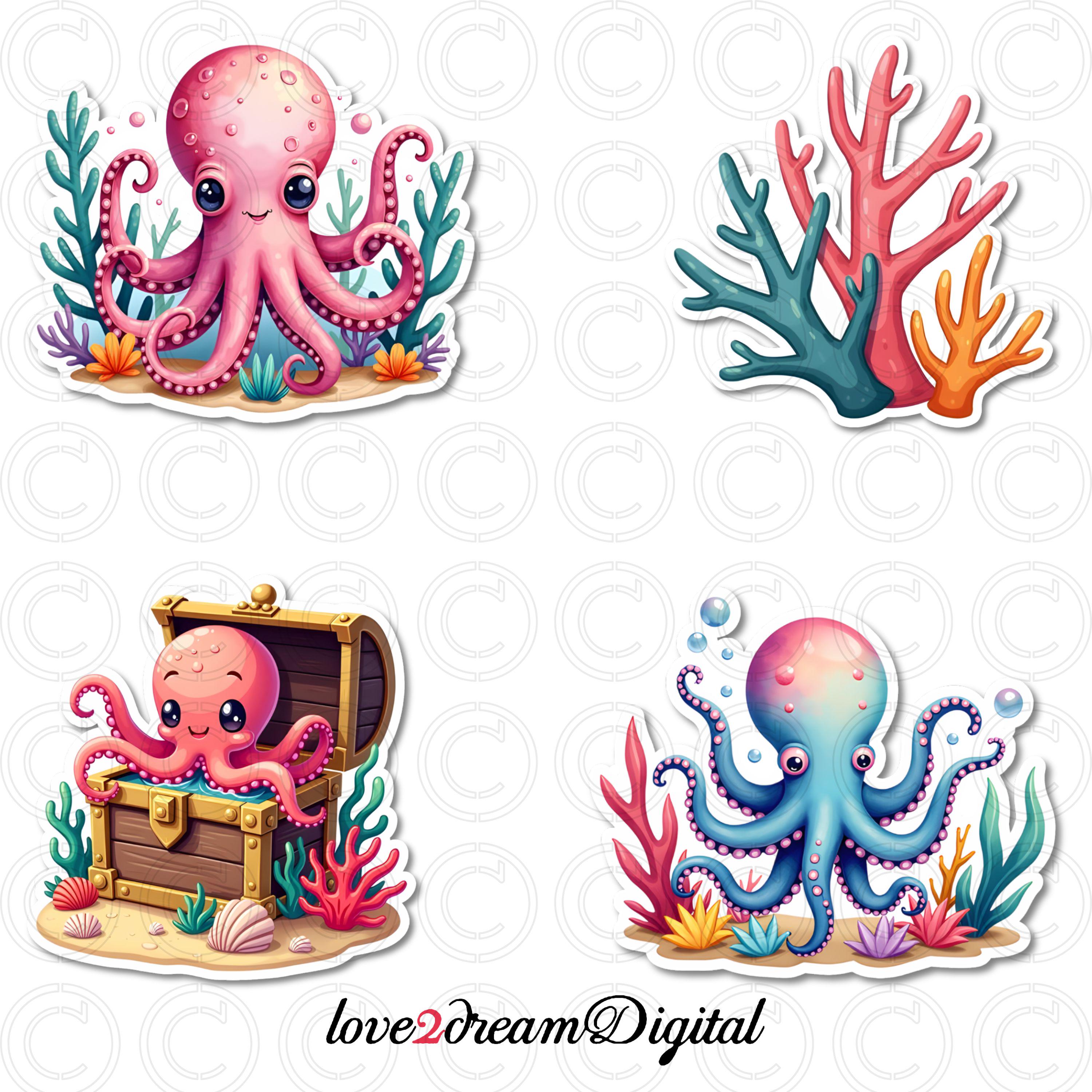 Octopus Stickers for Kids – Ocean Animal Decals – Cute Underwater Theme ...