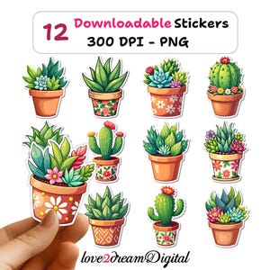 Succulent and Cactus PNG Stickers – Cute Potted Plant Digital Stickers for Scrapbooking, Journals, Planners, Crafts and more - S48