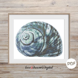 May include: A blue and green seashell with a spiral pattern. The shell is a cross stitch pattern.
