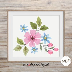 Blue and Pink Flowers, Counted Floral Cross Stitch Pattern, Modern Cross Stitch Chart, PDF File, Floral Embroidery, DMC Chart, (N59)