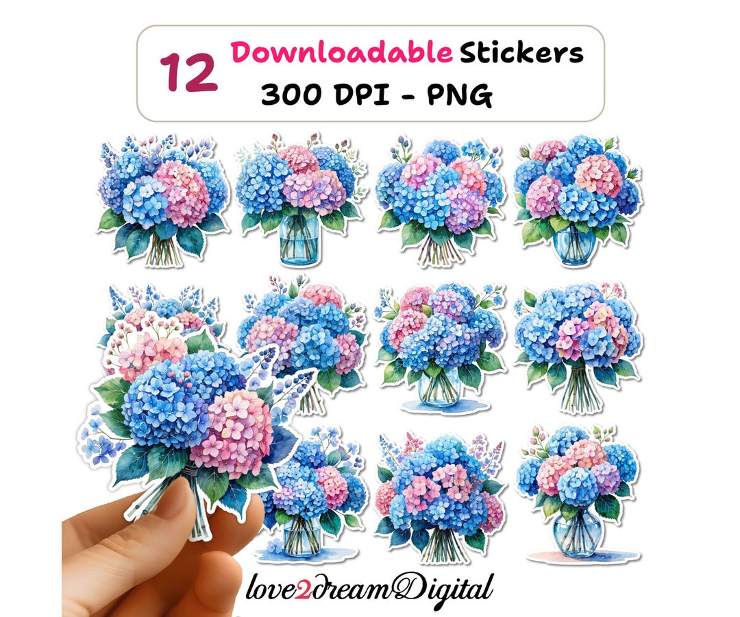 Hydrangea Sticker Watercolor Hydrangea Bouquet Stickers, Blue and Pink Floral PNG ...