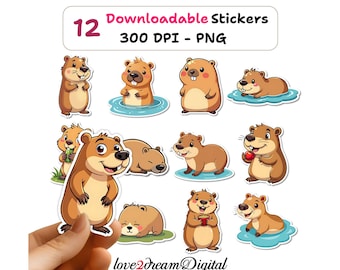Capybara Stickers – Cute Kawaii Capybara PNG – Digital Download 300 DPI Printable Stickers for Journals, Planners, Crafts and More – S49