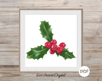 Holly Berry Cross Stitch pattern,  Instant Download, Xmas Cross Stitch Chart, Christmas Decoration, Holiday Cross Stitch, Gift, (N27)