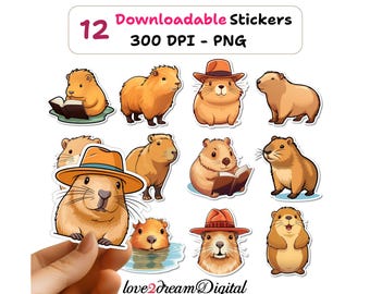 Cute Capybara PNG Stickers – Kawaii Animals – Funny Digital Sticker Pack for Planners, Journals, Scrapbooking, Crafts, and Printables – S45