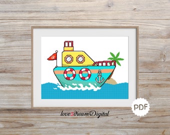 Boat Cross Stitch Pattern, Little Ship Counted Cross Stitch, Pattern for Children's Room, Yellow and Blue Boat PDF Print, Εmbroidery (N37)