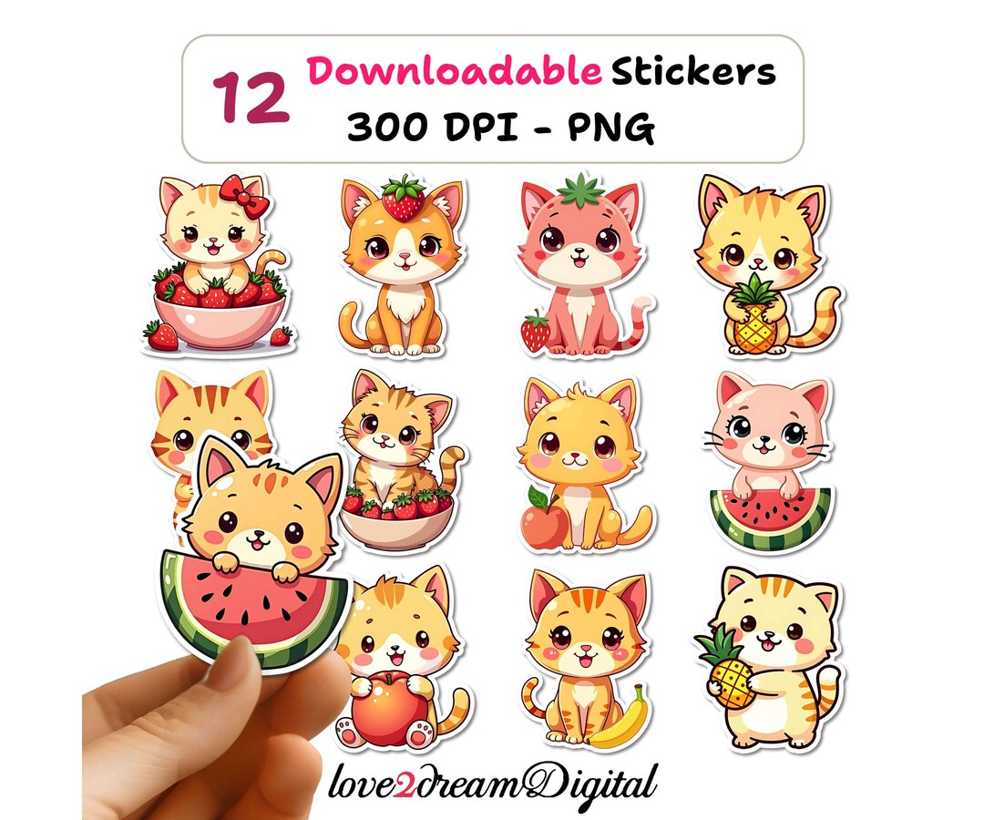 Kawaii Fruit Cat Stickers - Digital Stickers Goodnotes Aesthetic - Cute ...