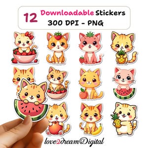 Kawaii Fruit Cat Stickers - Digital Stickers Goodnotes Aesthetic - Cute Kitty Clipart - Summer Planner Decor - Printable Cat Decals - S55