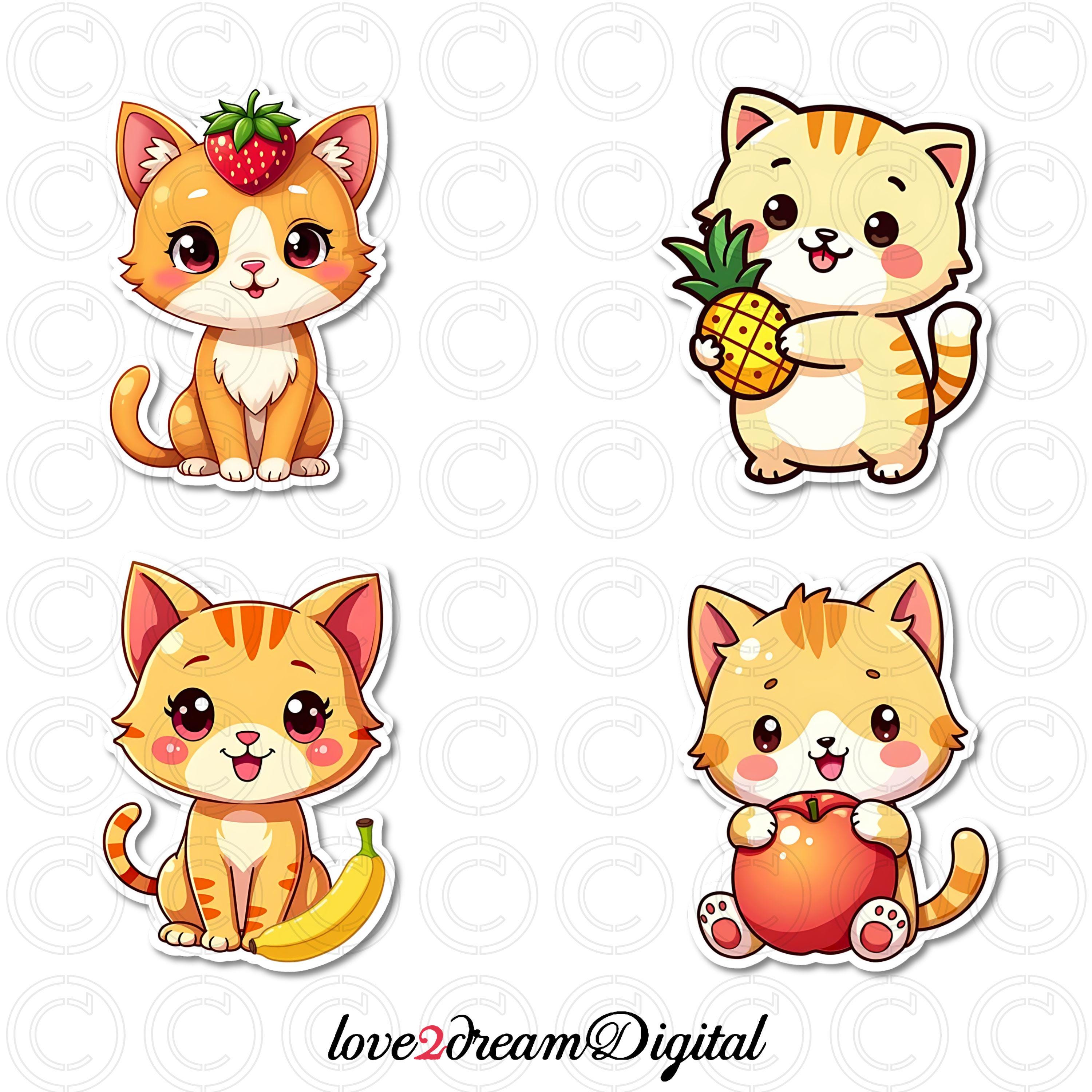 Kawaii Fruit Cat Stickers - Digital Stickers Goodnotes Aesthetic - Cute ...