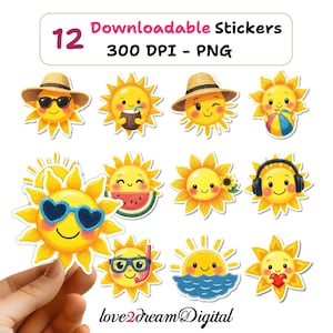 Puede incluir: Un conjunto de 12 pegatinas descargables con diseños de soles sonrientes con gafas de sol, sombreros y otros accesorios de verano. Las pegatinas están en formato PNG y tienen 300 DPI. El texto incluye "Downloadable Stickers" y "300 DPI - PNG".