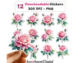 Watercolor Pink Rose Stickers – Floral Clipart, Planner Decor (Digital Download)