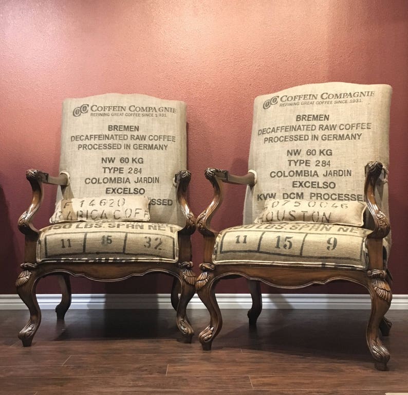 Sold Custom Coffee Sack Upholstered Chairs Burlap Accent Chair Rustic Farmhouse Eclectic Chair Wood Upcycled Dining Room Chairs