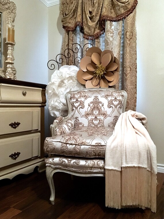 Sold French White Silver Gold Velvet Glam Vintage Regency Upholstered White Chair Gold Damask Bedroom Or Living Room Small Accent Chair