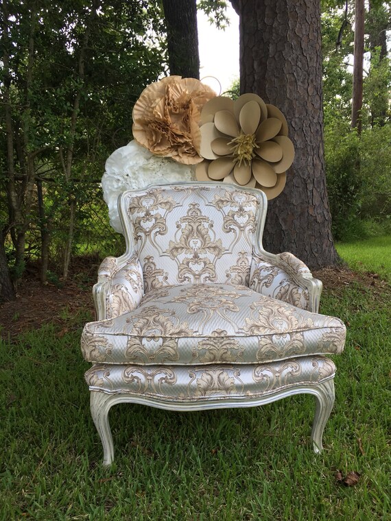 Sold French White Silver Gold Velvet Glam Vintage Regency Upholstered White Chair Gold Damask Bedroom Or Living Room Small Accent Chair