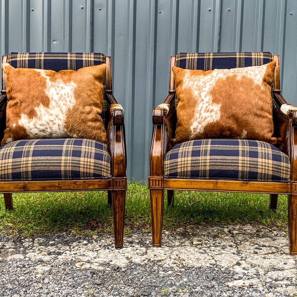 SOLD! Two custom chairs plaid leather and cowhide, custom upholstered accent chairs