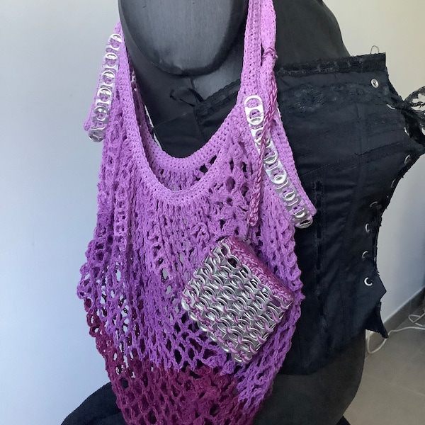 SAC FILET CROCHET et son mini-porte-monnaie - Éco responsable - Fabrication Française - capsules de canettes recyclées/fil coton