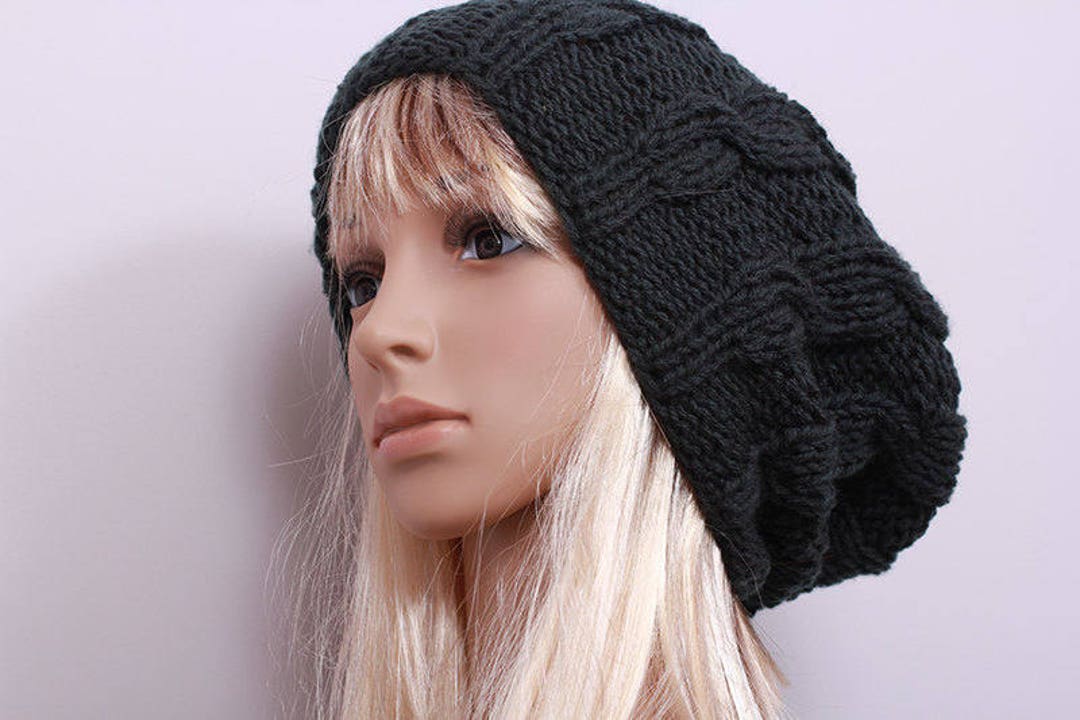 Slouchy Beanie Hat Graphite Color Handknit Cable Print in the Etsy